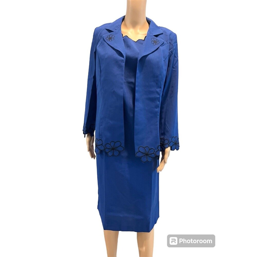Anthony Richards Women 2-Piece Set Suit Embroidered Blazer & Dress Blue Sz 10